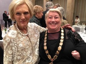 Celebrity Mary Berry with her arm around Mayor Mary Kerry